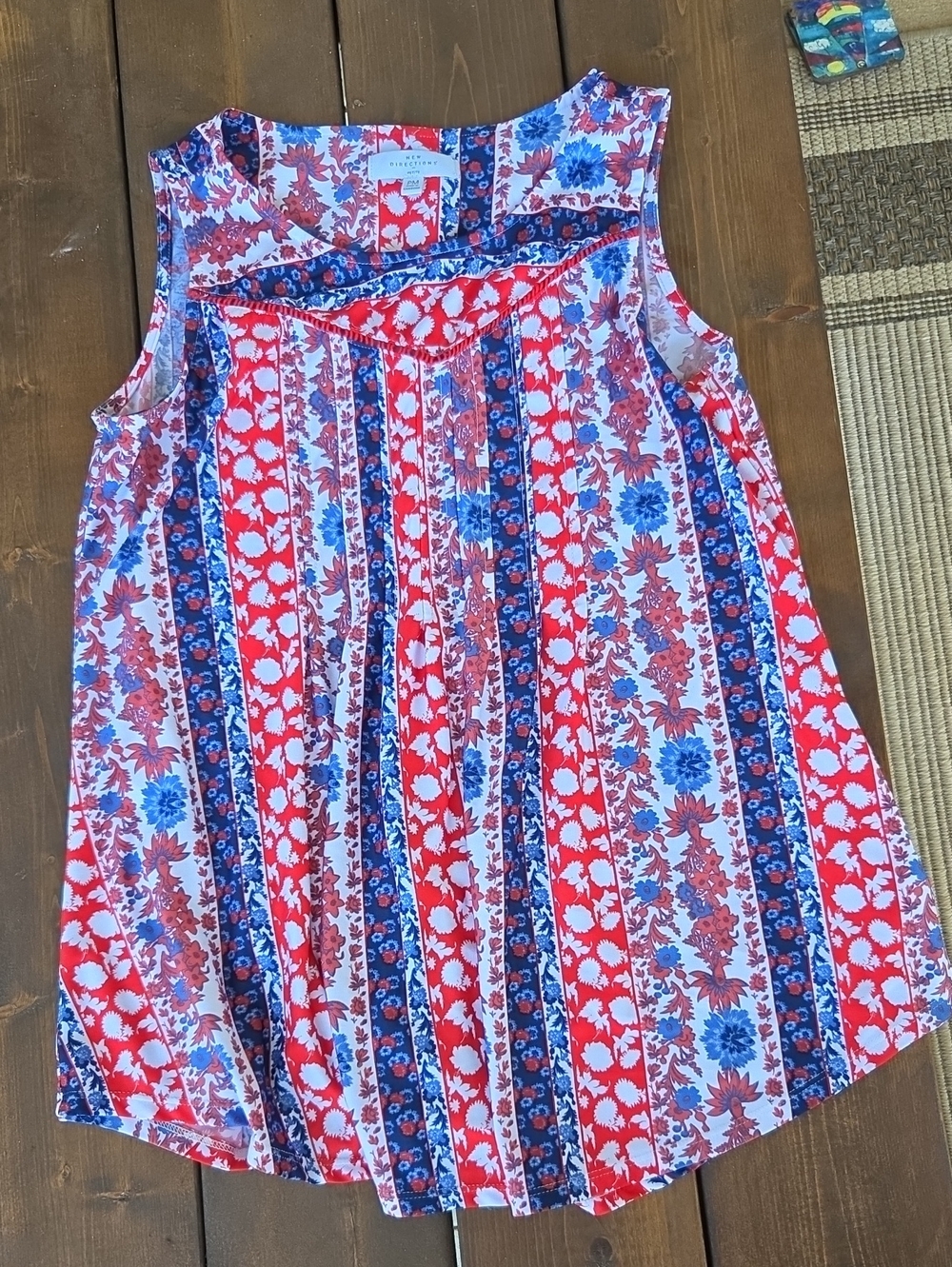 Sleeveless Red & Blue Floral Stripe Tank Top